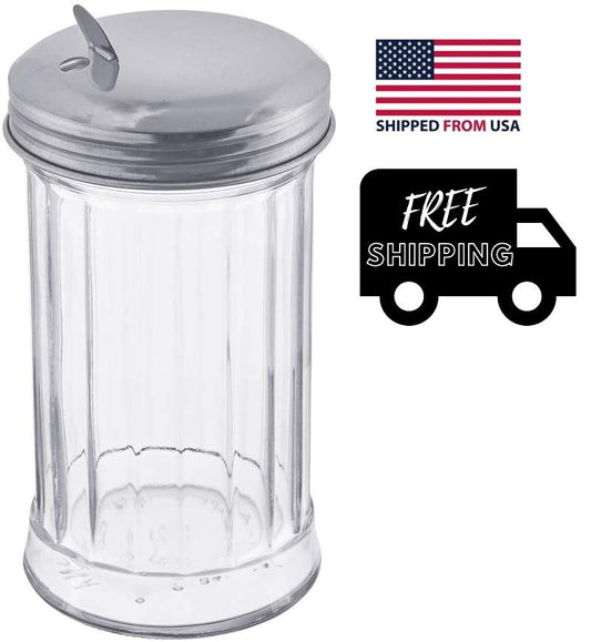 12 oz Retro Sugar Shaker Glass Dispenser & Stainless Steel Lid with Pour Flap